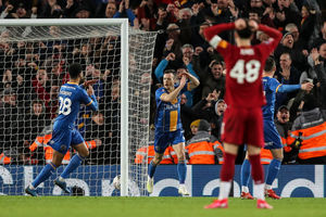 Shaun Whalley of Shrewsbury Town celebrates after scoring a goal to make it 0-1. (AMA)