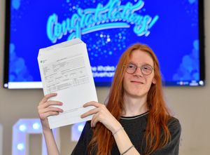 Student Rainers Auzins celebrates his results at Khalsa Academy, Bilston.