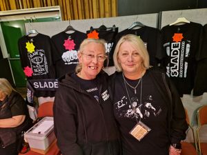(L) Ellen Boden and (R) Julie Keay who were running the merchandise store selling everything Slade related, including records.