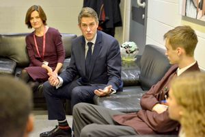 Telford MP Lucy Allan looks on as Education Secretary Gavin Williamson gets a grilling from Thomas Telford pupils including Jacob France, 14