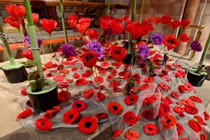 Shropshire Federation of Women's Institutes have decorated Shrewsbury Abbey with a mass of poppies for Remembrance Sunday.