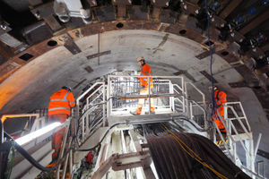 Engineers working on the ring build area - where segments are assembled to build a full tunnelling ring - of the HS2 Tunnelling machine, named Madeleine, to dig the tunnel from Old Oak Common to Euston. Photo: Yui Mok/PA Wire