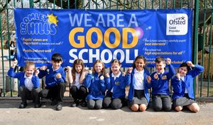 Pupils celebrate their Good Ofsted report.