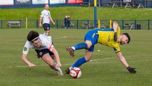 Shifnal Town vs Trafford. Kieran Cook is brought down in box but no penalty is given. Picture: Jim Wall