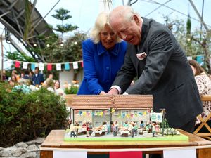 Supporting image for story: King and Queen share a giggle as they struggle to cut cake with sword