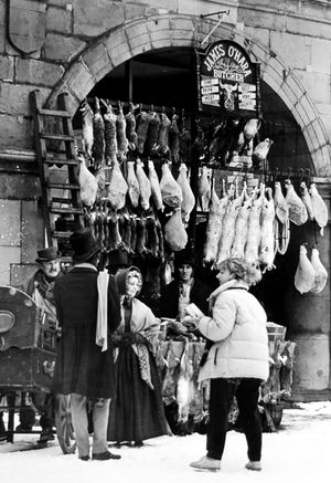 nostalgia pic. Shrewsbury. The Old Market Hall in Shrewsbury pictured on March 4, 1984, during the filming of A Christmas Carol in Shrewsbury. The town was adapted as a movie set. Library code: Shrewsbury nostalgia 2009.
