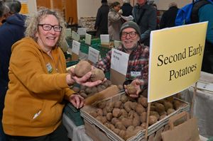 Potato Day at Wattlesborough Village Hall, near Shrewsbury. .  Rachel Strivens (Chair of Shropshire Organic Gardeners) and event organiser: Ian Thom.