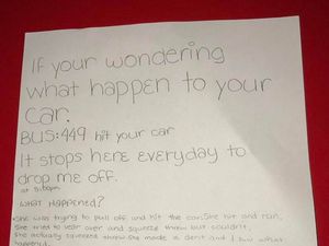 Supporting image for story: Young pupil leaves motorist note after her school bus hits his car
