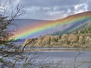 The magnificent rainbow at a full Lake Vyrnwy photo Sue Austin