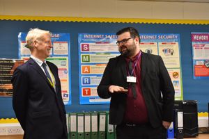 Lord Johnson taking the time to talk with Mr Copson about Prep School