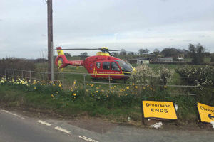 The air ambulance takes off from the scene. Pic: @OPUShropshire