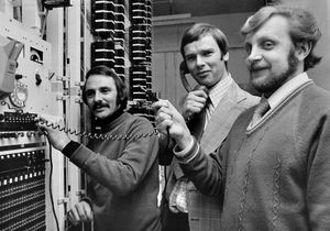 1976: Highley’s new telephone exchange in Bridgnorth Road officially came into use. Preparing for the opening are telephone engineers, from left, Paul Rawlings, Alan Edwards, and Russell Morris.