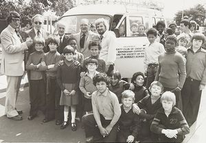 The Birmingham committee of the Variety Club of Great Britain, along with the Friends of Nordley School, Wednesfield, raised money for a coach to take pupils from the school to camps, canoeing sessions, football matches and other outdoor activities. The photograph shows David Collyer presenting the keys to Ashley Thom with (from left) Dennis Grayson, Cyril Brooks and David Liddle of Chubb Locks.