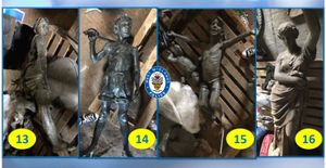 Statues of a boy, Peter Pan, and boy and baby and Liberty