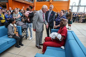 King Charles III talks with Elsie Kudozie who is holding her new born baby Eyanna who was born on Monday during his visit to officially open the new Midland Metropolitan University Hospital in Birmingham. Picture date: Wednesday September 3, 2025. PA Photo. Photo credit should read: Richard Pohle/The Times/PA Wire 