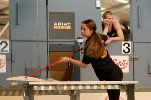 Ruby Herdman from Upper Chapel in the heats of the novice wool handling competition. Image by Andy Compton