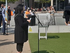 Borough mayor Eileen Callear reads the Nagasaki peace message. Picture: LDRS