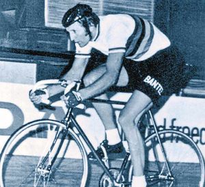 Hugh hitting full speed at an indoor velodrome in the 1960s