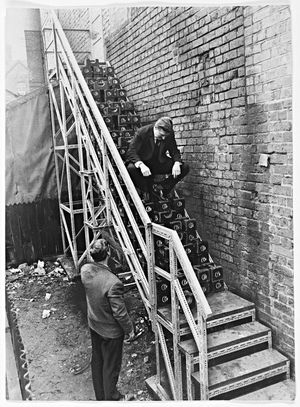 Abecalt General Engineering Co, St George's Parade, Wolverhampton.John Latham (left) and J. R. Bickford with fire escape and weights at the back of the former Olympia cinema, March 2, 1966.