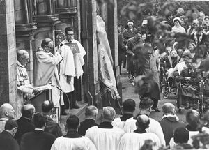 Our Lady of Lourdes Church, Hednesford. The Birmingham Archdiocese annual pilgrimage to the shrine in the grounds of the church. The Archbishop of Birmingham, the Most Reverend George Patrick Dwyer, is shown celebrating mass and blessing the sick in May 1970.