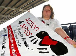 Rebecca Adams promoting the Action for Ashes campaign. She says not being given her son's ashes is devastating.