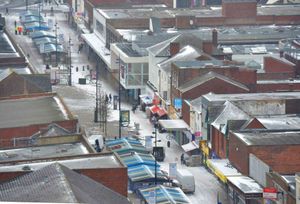 Snow which blew in across West Bromwich high street