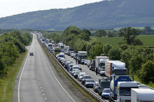 Drivers park their vehicles on the carriageway of the A5 westbound, as traffic comes to a complete standstill