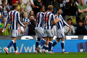 Mikey Johnston celebrates his opening goal in West Brom's clash with Portsmouth (Photo by Adam Fradgley/West Bromwich Albion FC via Getty Images)