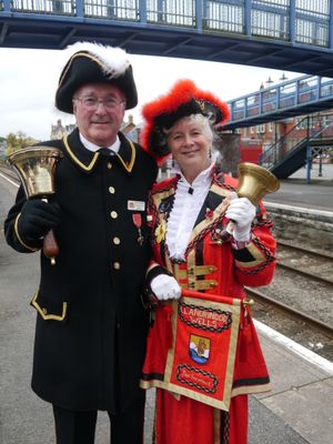Derrick with Llandrindod Wells Town Crier Jan Swindale at the 150th anniversary of the opening of the Knighton and Llandrindod Wells railway line