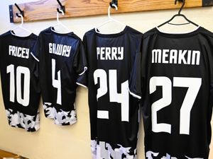 The shirts of last year's charity match winners, before kick off.