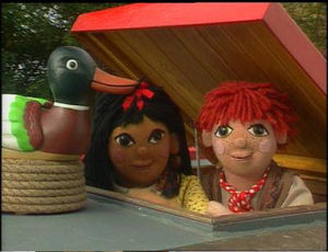 Children's favourites "Rosie and Jim" aboard their faithful narrowboat.