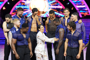 Host Janette Manrara with the male dancers , during the Strictly Come Dancing - The Live Tour launch, at Utilita Arena, Birmingham. Picture date: Thursday January 22, 2026.