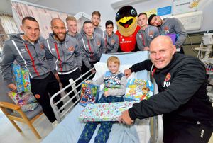  Aiden Willetts, 10, from Leamore with Jon Whitney, and L-R: Kieron Morris, Adam Chambers, Cameron Peters, Dan Vann, Mark Gillespie, Jordon Sangha. Swifty, Liam Kinsella and Maz Kouhyar