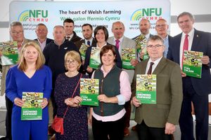 Pictured at the launch of the NFU Cymru Welsh farming: Growing forward 2026 Senedd Election manifesto are NFU Cymru members including NFU Cymru President Aled Jones and NFU Cymru Deputy President Abi Reader