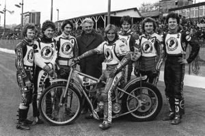The 1980 Cradley Heathens speedway team with Alan Grahame, Erik Gunderson, Dave Perks, manager Bob Wasley, Bruce Penhall, John Hack, Phil Collins, and Illa Teromaq.