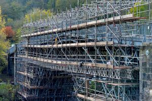 Scaffolding has gone up for work to begin at the iconic Iron Bridge 
