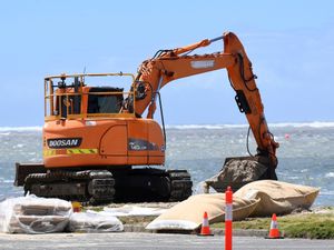 Giant sandbags are laid out by an excavator