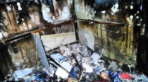 The damage caused to the kitchen after a chip pan caught fire
