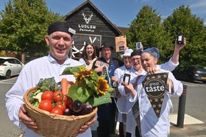 At Ludlow Farm shop where they have been given a host of good taste awards. At the front with the basket is:  Jonathan Waters (Head Chef) and then staff: L-R: Farmshop Manager: Jess Harrison, John Brereton, Hannah Bond, Teresa Holdsworth, Kate Matthias, with winning products.