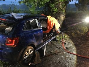 A woman was trapped in the car for 90 minutes after the crash near Rugeley. Photo: Staffordshire Fire and Rescue Service