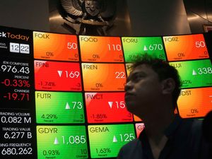 A man walks near electronic board displaying stock prices at the Indonesia Stock Exchange, in Jakarta,