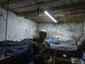 A Ukrainian soldier operates an FPV drone in a shelter in Kostyantynivka in the Donetsk region