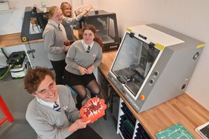 New state of the art equipment inside the new design and technology classrooms. Front is Kornel Wysoczanski with Ava Powell, Amelia Hall, Jasmine Jenkins.