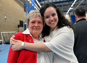 The 2022 Wolverhampton election count at Aldersley Stadium. Councillor Sue Roberts MBE celebrates her win with Councillor Clare Simm