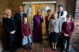 Pictured from left, Elie Smailes,15, head Tim Firth, Laya-Jayne Ritchie, nine, the Bishop, Sarah Minty, Jane Campbell, Rev Michael Horton and Beau Rous, nine 

