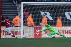 Nahki Wells  of Bristol City scores a goal to make it 1-0 during the Sky Bet Championship match between Bristol City and West Bromwich Albion at Ashton Gate on March 19, 2022 in Bristol, England. (Photo by Adam Fradgley/West Bromwich Albion FC via Getty Images).