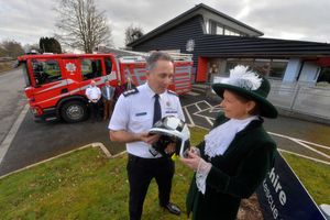 Clun at the Fire Station where High Sheriff Selina Graham chatted to Jim Barker (Station Manager). At the back is Dan Quinn (Asst Chief Fire Officer), Mayor: Ryan Davies, Deputy Mayor: Mark Duffee and Deputy Lieutenant: Katherine Garner..
