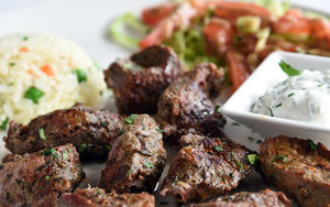 Meat feast – the lamb shish kebab served with rice and side saladPictures by Russell Davies