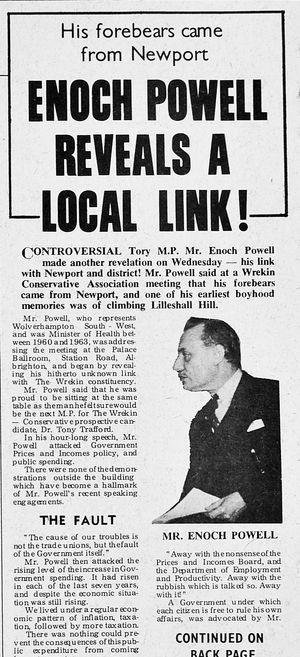 A report in the Newport and Market Drayton Advertiser of Friday, January 10, 1969, revealing the controversial politician's local links.
