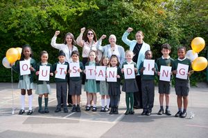 Celebrating their outstanding Ofsted judgment are pupils with assistant headteacher Sharon McHale, executive headteacher Sarah Blower, cabinet member for children, young people and education Councillor Jacqui Coogan and head of school Rachael Lunn